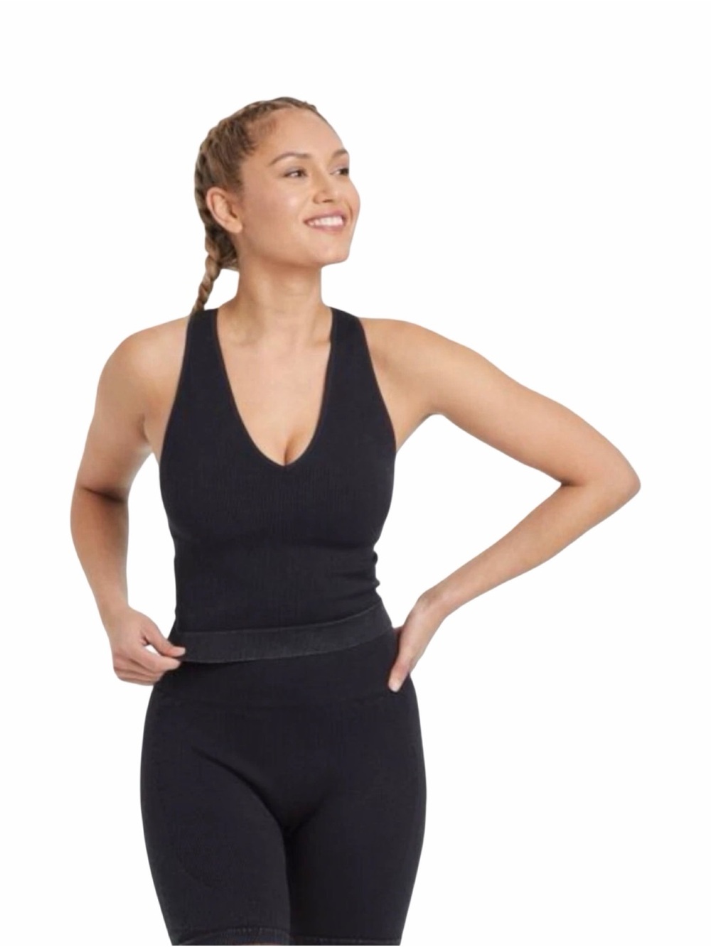 Jaylan Black Ribbed V-Neck Tank Sports Bra